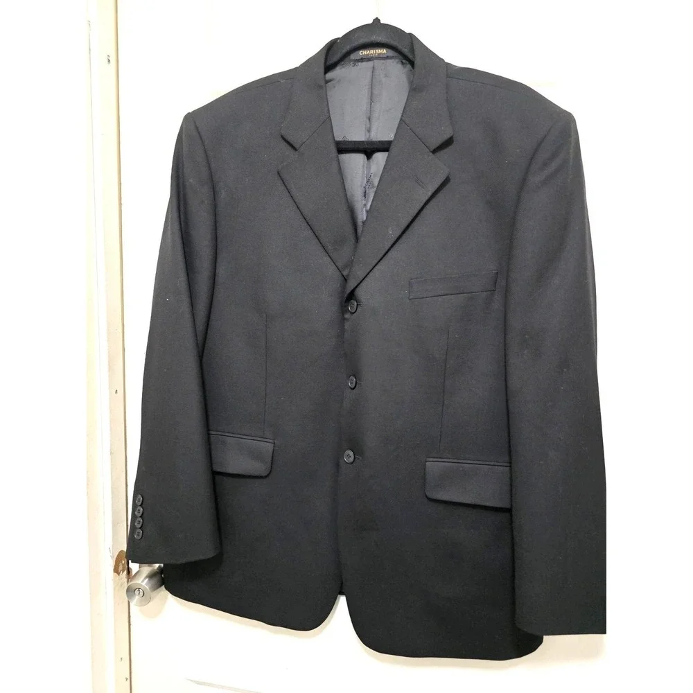 Charisma Cashmere Black Men Blazer Jacket Size 42R Two-Button Single-Breasted No